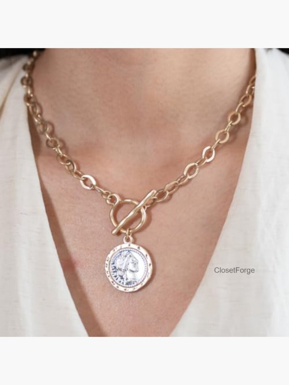 Antique Gold Plated Chunky Coin Necklace 18" Thick Link Chain - Picture 2 of 7